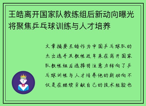 王皓离开国家队教练组后新动向曝光将聚焦乒乓球训练与人才培养